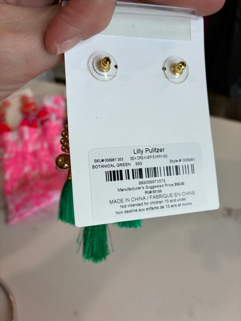 Lilly Pulitzer Gold Filigree Earrings with Green Tassels NWT